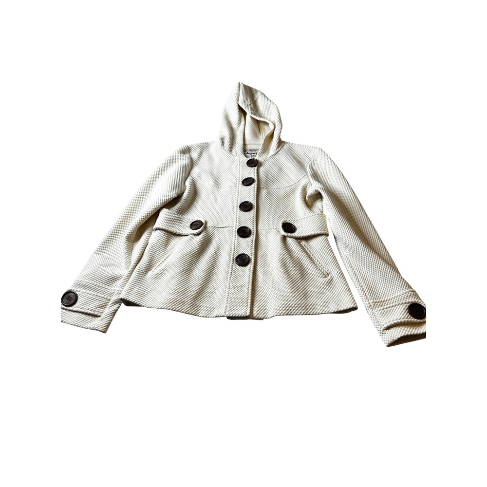 Sugarlips Cream Textured Knit Hooded Jacket Button Front Ivory XL Big Buttons